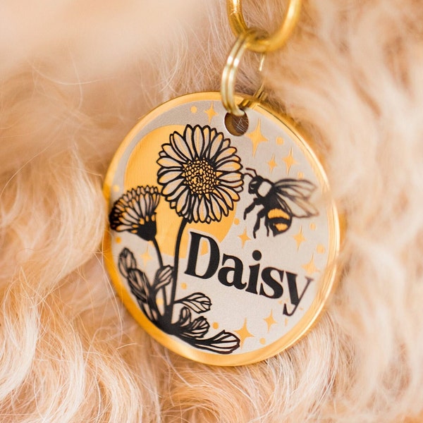 Médaille pour chien personnalisée Médaille d'identification pour chien personnalisée Médaille pour chien Médaille d'identification pour chat - Marguerite et abeille, collection de fleurs printemps et été