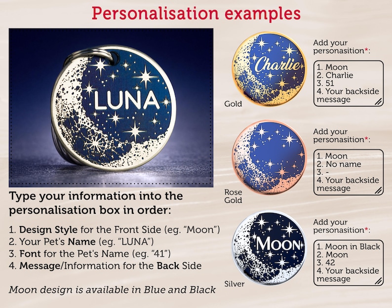 Pu&ograve; includere: Un medaglietta rotonda per animali domestici, argentata, con un design a luna blu e il nome "LUNA" in bianco. La medaglietta presenta stelle e un anello per l'attacco. Il testo fornisce esempi di personalizzazione.