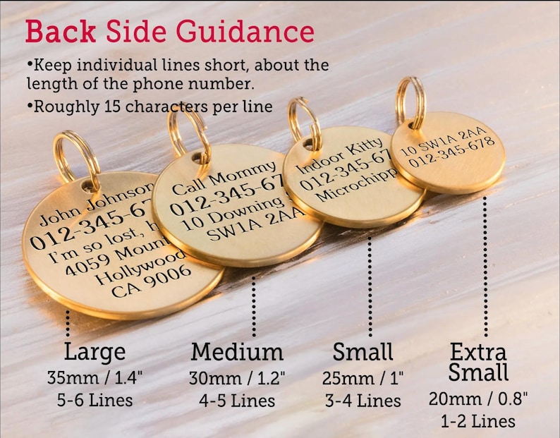 May include: Gold-colored pet ID tags in various sizes, with example text and measurements in inches and millimeters. The tags range from extra small (0.8 inches) to large (1.4 inches), with guidance on line length.
