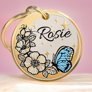Custom dog tag Personalized pet ID Cute Engraved collar name tag for cat kitten puppy Butterfly & Flowers: Rose, Lilly, Daisy, Poppy, Moon