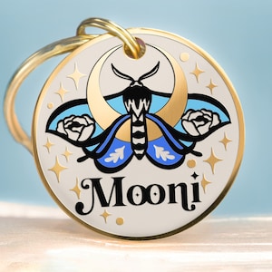 Personalized dog/pet/cat ID tag, engraved, luna moth, moon butterfly design with your pet name on the front and personal message on the back. Fine quality. Original design. Made to order