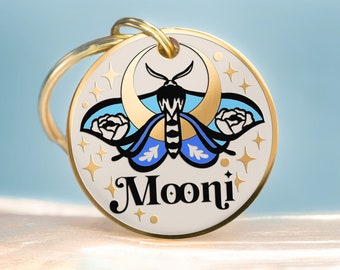 Custom Dog Tag Personalized Pet ID Tag Cat Collar Name Tag - Moon Luna Moth - Engraved on Stainless Steel, No tarnishing