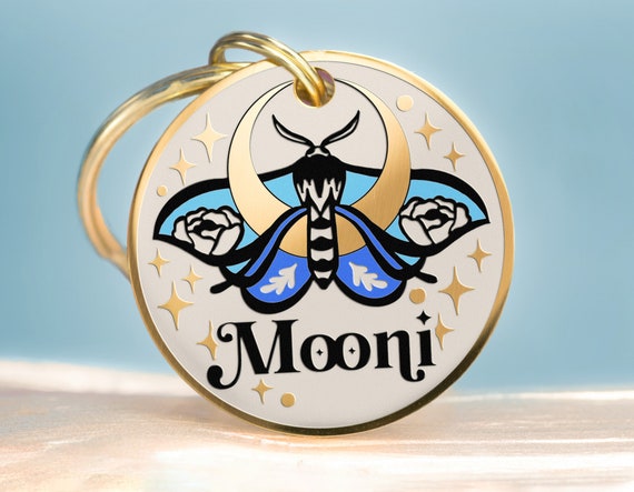 Custom Dog Tag Personalized Pet ID Tag Cat Collar Name Tag - Moon Luna Moth - Engraved on Stainless Steel, No tarnishing
