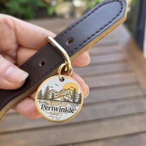 May include: A brown leather dog collar with a gold-colored metal ring and a circular tag. The tag features a mountain and tree design with the word "Periwinkle" in a serif font. The collar is held by a hand.