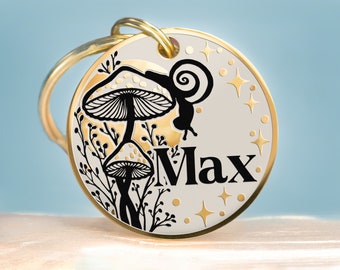 Custom dog and cat tag Personalized Pet ID Moon mushrooms snail and flowers Engraved stainless steel collar tag