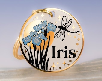 Médaille d'identité personnalisée pour chien, chiot et chaton. Fleurs : iris, pavot, rose, lys, marguerite et papillon, libellule, abeille. Lune, Soleil