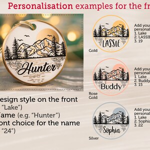 Puede incluir: Tres ejemplos de llaveros personalizados con un dise&ntilde;o de monta&ntilde;a y lago. Los llaveros est&aacute;n disponibles en oro, oro rosa y plata. El texto en los llaveros dice "Lassie", "Buddy" y "Sophia".
