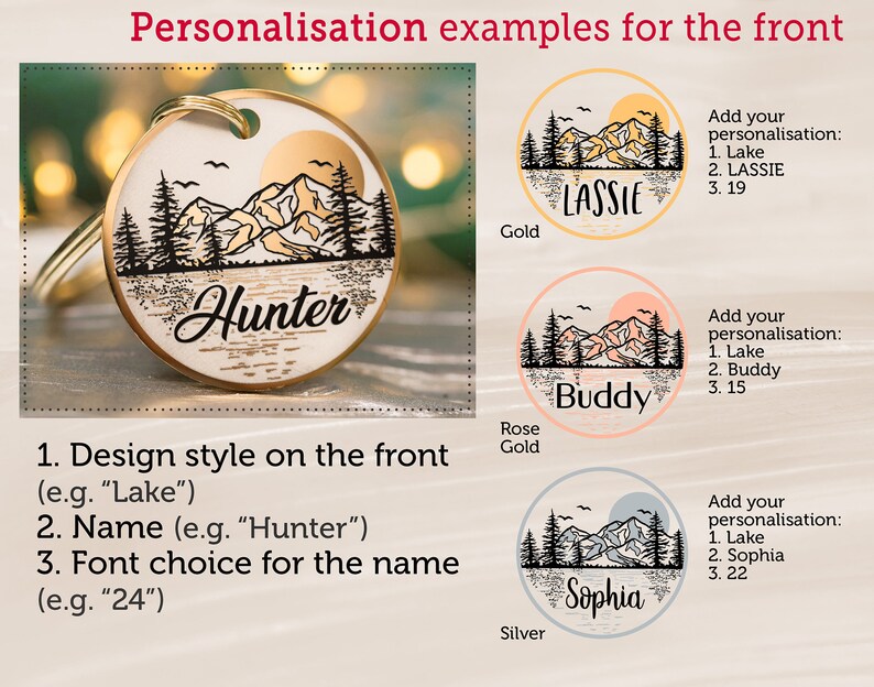 Puede incluir: Tres ejemplos de llaveros personalizados con un dise&ntilde;o de monta&ntilde;a y lago. Los llaveros est&aacute;n disponibles en oro, oro rosa y plata. El texto en los llaveros dice "Lassie", "Buddy" y "Sophia".