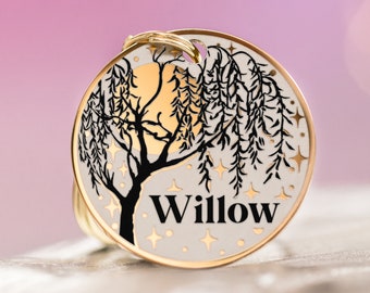 Custom dog tag for dog Personalized pet id tag for puppy cat kitten with/without name Engraved Cute Nature design Willow Moon Stars