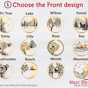 May include: A graphic showing 12 different designs for a front design of a product. The designs include a fir tree, lake, willow, forest, daisy, lily, rose, sea, mushrooms, beach, woods, and mountains.