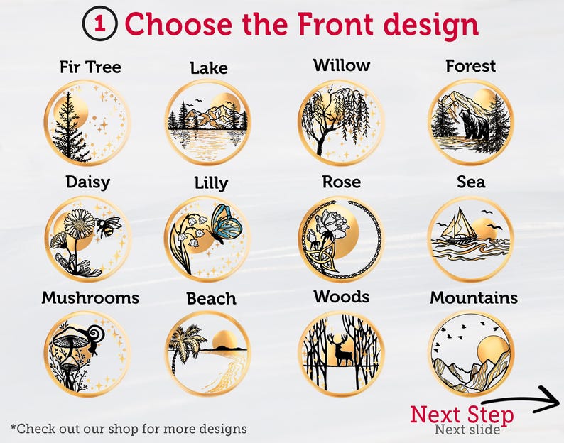 May include: A graphic showing 12 different designs for a front design of a product. The designs include a fir tree, lake, willow, forest, daisy, lily, rose, sea, mushrooms, beach, woods, and mountains.