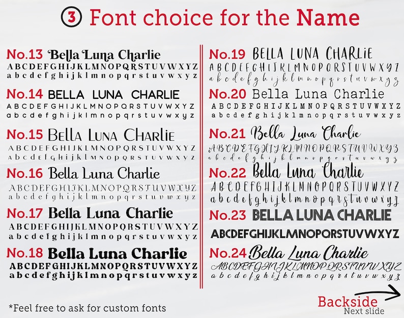 Puede incluir: Un gr&aacute;fico que muestra 12 estilos de fuente diferentes para nombres. El gr&aacute;fico muestra el nombre "Bella Luna Charlie" en cada estilo de fuente. Los estilos de fuente est&aacute;n numerados del 13 al 24. El gr&aacute;fico tambi&eacute;n incluye el alfabeto en may&uacute;sculas y min&uacute;sculas para cada estilo de fuente.