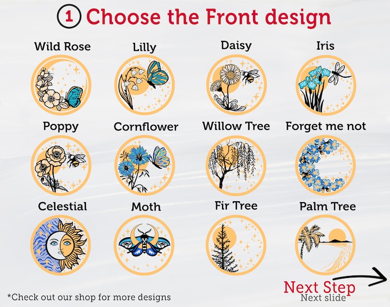 May include: A graphic showing 12 different designs for the front of a product. The designs include a wild rose, a lily, a daisy, an iris, a poppy, a cornflower, a willow tree, forget-me-nots, a celestial design, a moth, a fir tree, and a palm tree.