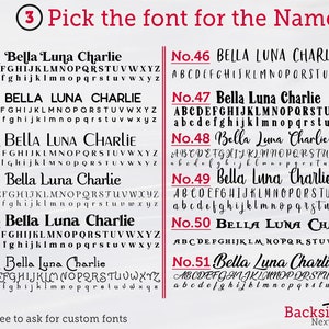 May include: A chart with 11 different font styles for names. Each font style is numbered from 40 to 51. The names "Bella Luna Charlie" are displayed in each font style. The chart includes the alphabet in uppercase and lowercase for each font style.