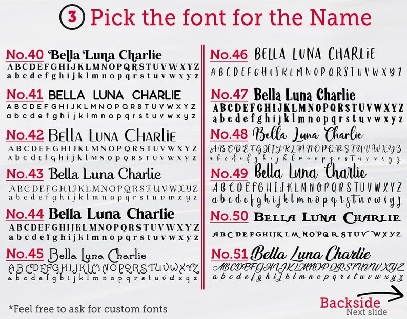 May include: A chart with 11 different font styles for names. Each font style is numbered from 40 to 51. The names "Bella Luna Charlie" are displayed in each font style. The chart includes the alphabet in uppercase and lowercase for each font style.
