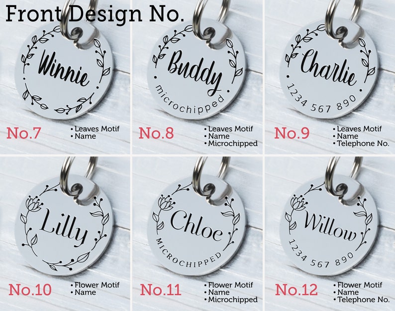 May include: A collection of six silver pet ID tags with various names and designs. Each tag is round, featuring a name in elegant script surrounded by a floral or leaf motif. Some tags include a phone number or the word "microchipped".