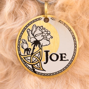 Dog tag personalized Custom pet name tag - Elvish Celtic Rose - Flowers with Moon & Sun collection: Daisy, Lilly,... Engraved No tarnishing