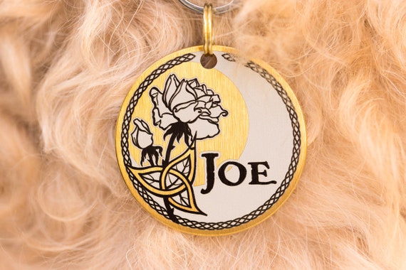 Dog tag personalized Custom pet name tag - Elvish Celtic Rose - Flowers with Moon & Sun collection: Daisy, Lilly,... Engraved No tarnishing