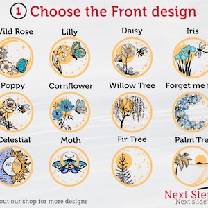 May include: A graphic showing 12 different designs for the front of a product. The designs include a wild rose, a lily, a daisy, an iris, a poppy, a cornflower, a willow tree, forget-me-nots, a celestial design, a moth, a fir tree, and a palm tree.