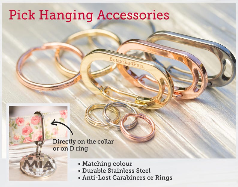 May include: Assortment of pet hanging accessories in gold, rose gold, and silver tones. Includes carabiners and rings. The text "Pick Hanging Accessories" is displayed at the top. The image also shows a pet collar with a tag that says "MIA".