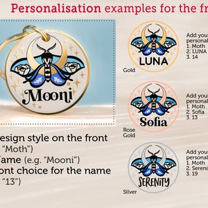 Puede incluir: Tres ejemplos de etiquetas para perros personalizadas con un dise&ntilde;o de polilla. La primera etiqueta es dorada con el nombre "LUNA" y el texto "A&ntilde;adir su personalizaci&oacute;n: 1. Polilla 2. LUNA 3. 14". La segunda etiqueta es de oro rosa con el nombre "Sofia" y el texto "A&ntilde;adir su personalizaci&oacute;n: 1. Polilla 2. Sofia 3. 13". La tercera etiqueta es plateada con el nombre "SERENITY" y el texto "A&ntilde;adir su personalizaci&oacute;n: 1. Polilla 2. Serenity 3. 19".