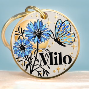 Custom Dog Tag Personalized Pet ID Tag Cat Collar Name Tag - Flower: Cornflower, Lilly, Daisy, Poppy, Rose, Iris & Moon, Butterfly, Bee