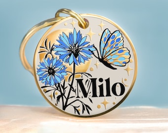 Custom Dog Tag Personalized Pet ID Tag Cat Collar Name Tag - Flower: Cornflower, Lilly, Daisy, Poppy, Rose, Iris & Moon, Butterfly, Bee