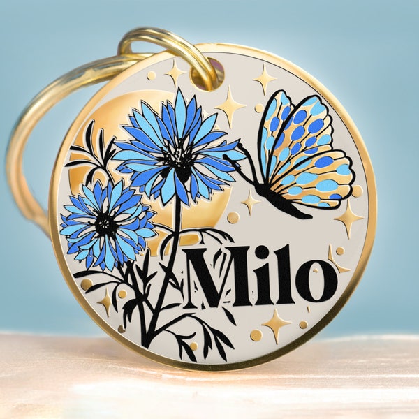 Custom Dog Tag Personalized Pet ID Tag Cat Collar Name Tag - Flower: Cornflower, Lilly, Daisy, Poppy, Rose, Iris & Moon, Butterfly, Bee