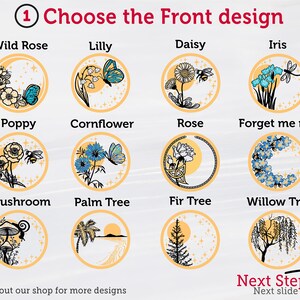 May include: A selection of 12 different front designs for a personalized item. The designs include flowers, trees, and other nature-inspired motifs. The text "Choose the Front design" is at the top of the image. The text "Next Step" is at the bottom of the image.
