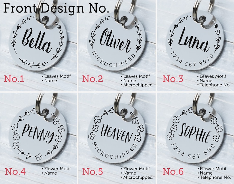 May include: A collection of six silver pet ID tags with different names and designs. Each tag is round, featuring a name in a decorative font, surrounded by a floral or leaf motif. Some tags include a phone number or the word "Microchipped".