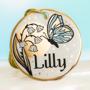 Dog tag personalized. Custom dog, cat ID tag. Pet name tag with flowers: Lilly, Poppy, Daisy, Rose, Magnolia, Jasmin & Butterfly, Bee, Moon
