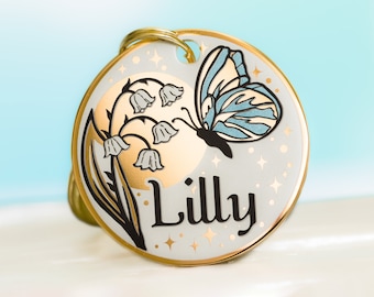 Dog tag personalized. Custom dog, cat ID tag. Pet name tag with flowers: Lilly, Poppy, Daisy, Rose, Magnolia, Jasmin & Butterfly, Bee, Moon