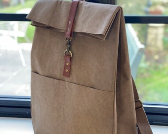 Vegan Rucksack in brown, urban backpack, school bag, washable kraft paper hard wearing bag, sustainable eco friendly washable lap top holder