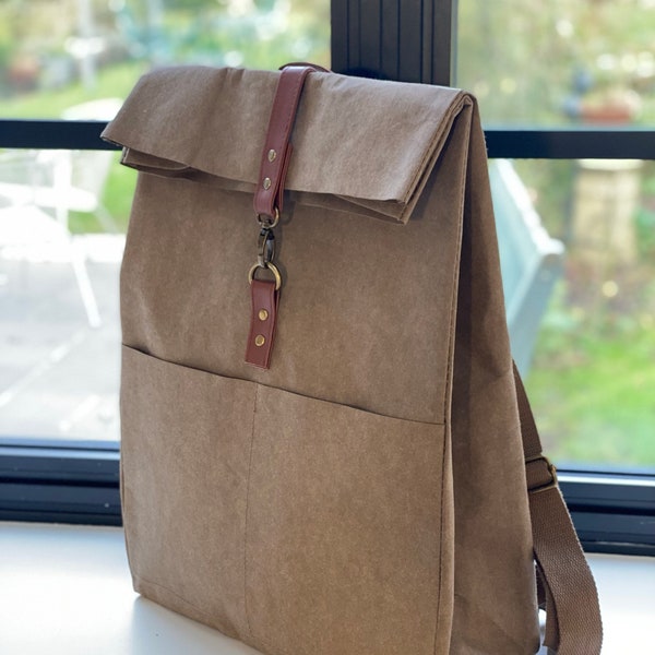 Vegan Rucksack in brown, urban backpack, school bag, washable kraft paper hard wearing bag, sustainable eco friendly washable lap top holder