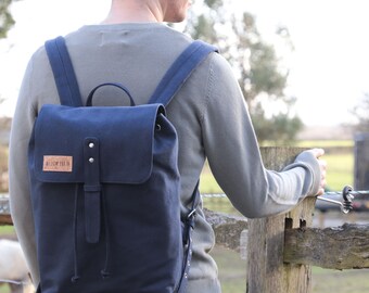 Hastings Vegan Cotton Canvas Rucksack Black, Rust, Indigo Denim Blue, Sustainable Cruelty Free, Plastic Free, Heavy Duty Canvas, Cork Edging