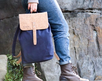 Glynde Vegan Cotton Canvas Rucksack | Indigo Blue | Navy | Sustainable Cruelty Free | Plastic Free | Heavy Duty Canvas | Cork