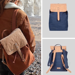Glynde Vegan Cotton Canvas Rucksack, Rust, Denim Blue, Sustainable Cruelty Free Plastic Free Heavy Duty Canvas and Cork, Hold All Travel Bag
