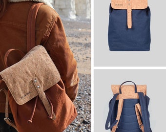 Glynde Vegan Cotton Canvas Rucksack, Rust, Denim Blue, Sustainable Cruelty Free Plastic Free Heavy Duty Canvas and Cork, Hold All Travel Bag