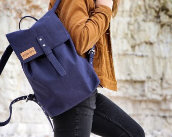 Hastings Vegan Cotton Canvas Rucksack | Indigo Blue | Navy | Sustainable Cruelty Free | Plastic Free | Heavy Duty Canvas | Cork