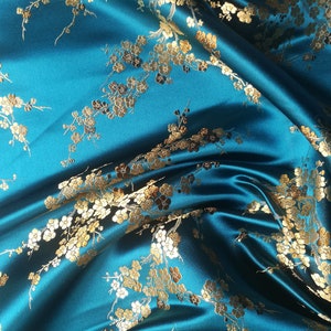 Silk fabric cherry blossom turquoise blue - sold by the meter China 74.5 cm wide dress fabric decorative fabric