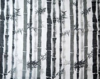 Bambuswald Gardinenstoff Dekostoff mit großem Bambusmotiv, Vorhang Seide und Leinen. 135 cm breit Transparent Grautöne asiatisch, Feng Shui