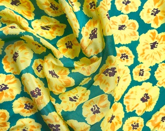 100% silk 12 mommé, 140 cm wide, pop art flowers green yellow - sold by the meter