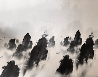 May include: Black and white ink wash painting of a mountain landscape. The artwork depicts tall, dark mountain peaks emerging from a misty atmosphere. Small boats and birds are also visible in the scene, creating a serene and naturalistic feel.