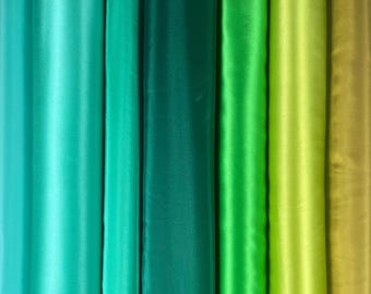 100% silk crepe satin, solid color 16 momme, lightweight, lustrous silk, sold by the meter, approx. 114 cm wide, turquoise, green, dark green, yellow-green, olive