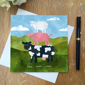 Tarjetas de felicitación divertidas de animales de granja: paquete de 4 / baa oink moo
