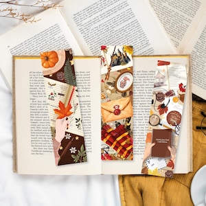 Könnte beinhalten: Satz von sechs bunten Lesezeichen mit verschiedenen Illustrationen, darunter ein Buch mit Herbstblättern, ein roter Umschlag mit einem Wachssiegel, ein Haus mit Schornstein, eine Tasse Kaffee mit einem Keks und ein Buch mit dem Text "Wohin du führst, werde ich folgen".