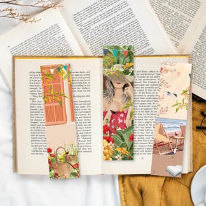 Könnte beinhalten: Drei farbenfrohe Lesezeichen mit floralen und tropischen Designs. Die Lesezeichen zeigen eine Frau mit Hut, eine Strandszene mit einem Stuhl und einem Buch sowie ein Fenster mit einem Blumenkorb.