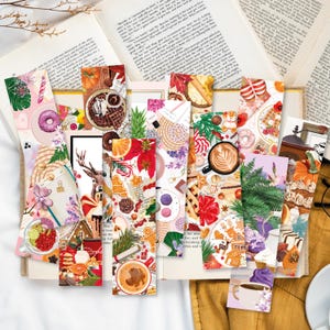 Könnte beinhalten: Ein Set bunter Lesezeichen mit verschiedenen Winter-Feiertagsmotiven. Die Lesezeichen sind mit Illustrationen von Lebkuchenhäusern, Rentieren, Weihnachtsbäumen und anderen festlichen Elementen verziert. Die Lesezeichen sind perfekt, um Ihrer Lektüre einen Hauch von festlicher Stimmung zu verleihen.