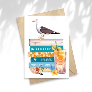 Illustration Illustration Pile de livres Vacances,  carte postale, Papeterie, illustration, carte à message, idée cadeau