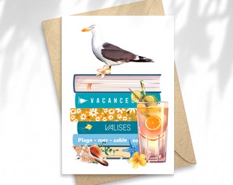 Illustration Illustration Pile de livres Vacances,  carte postale, Papeterie, illustration, carte à message, idée cadeau